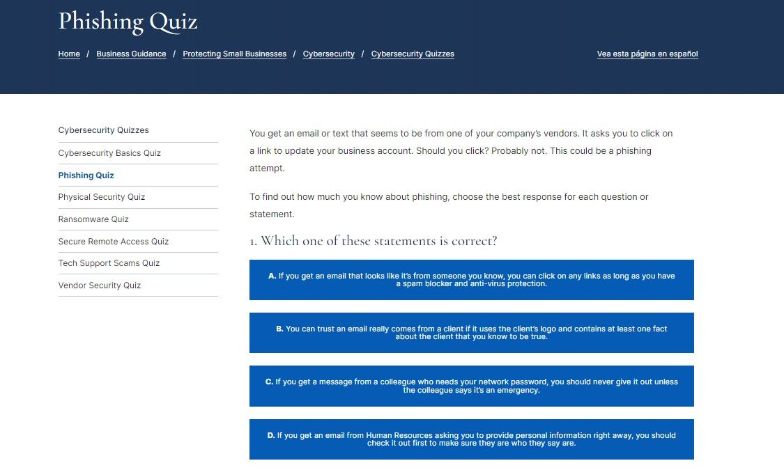 Screenshot of the FTC phishing quiz