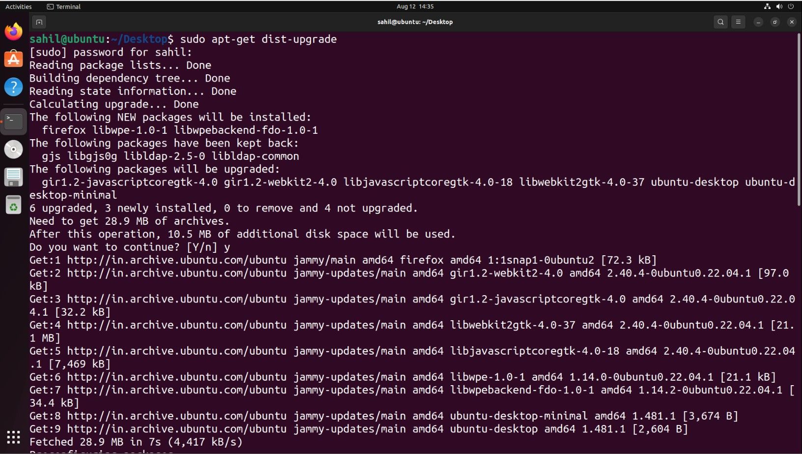 Ubuntu terminal window with full upgrade code