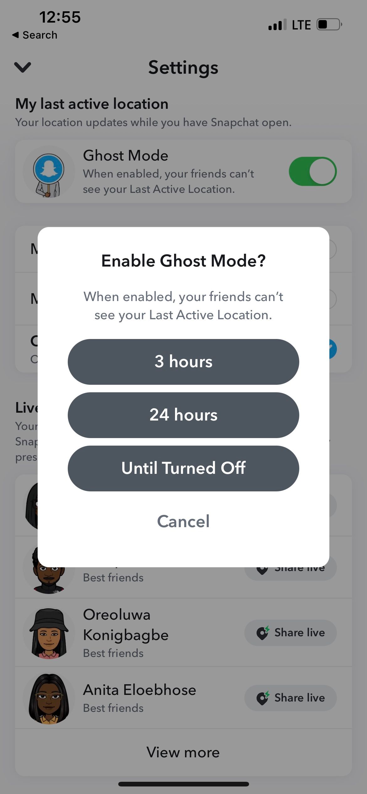Ghost Mode timer in Snapchat's settings