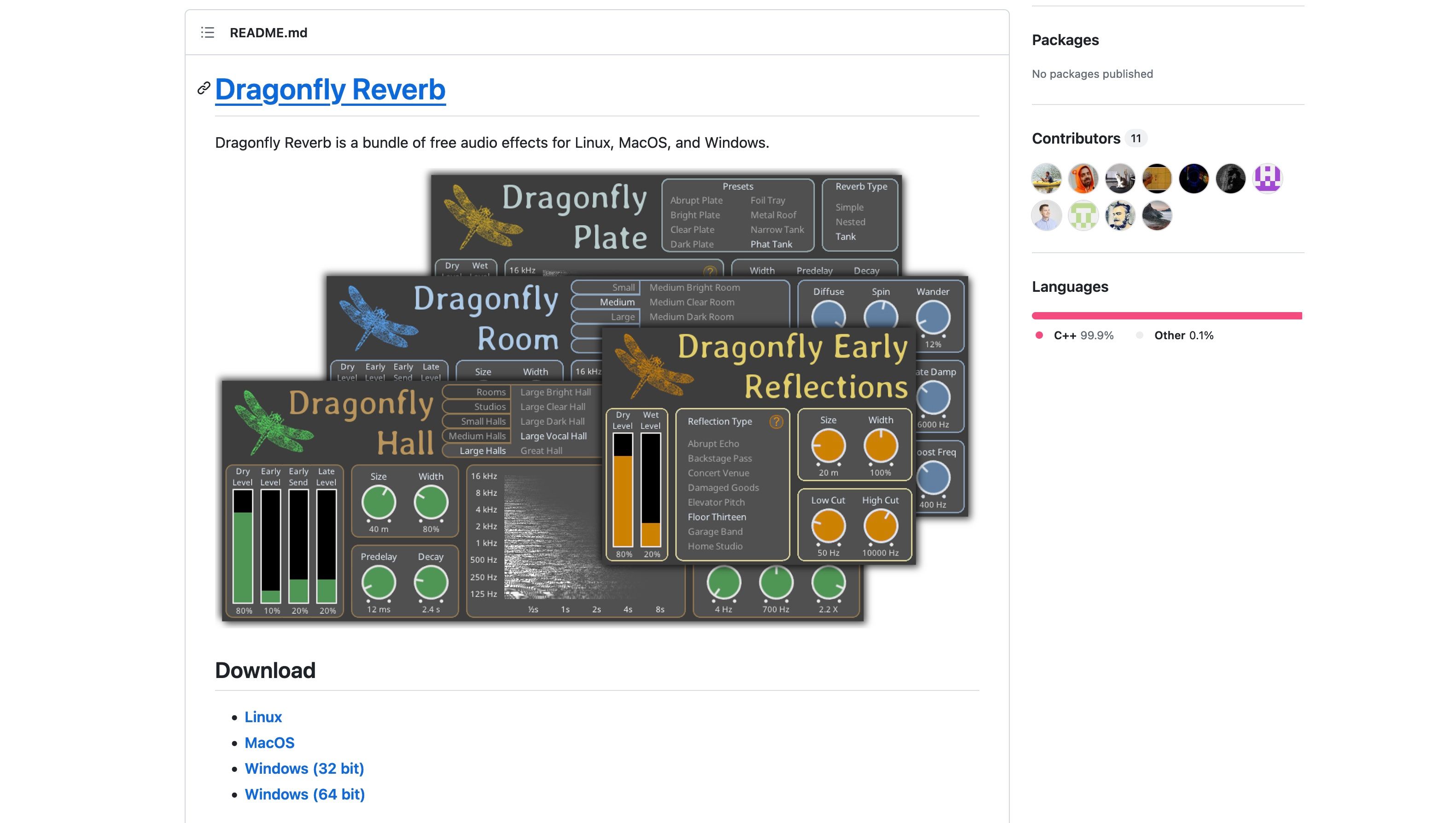 Screenshot of README section on GitHub for the audio plugin Dragonfly Reverb