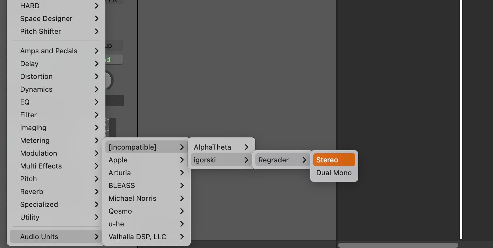 Screenshot of plugin effects menu on Logic Pro