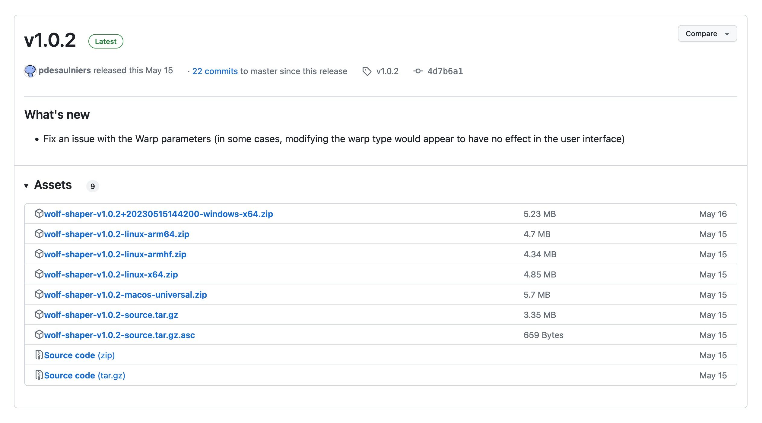Screenshot of GitHub release page for the audio plugin Wolf Shaper