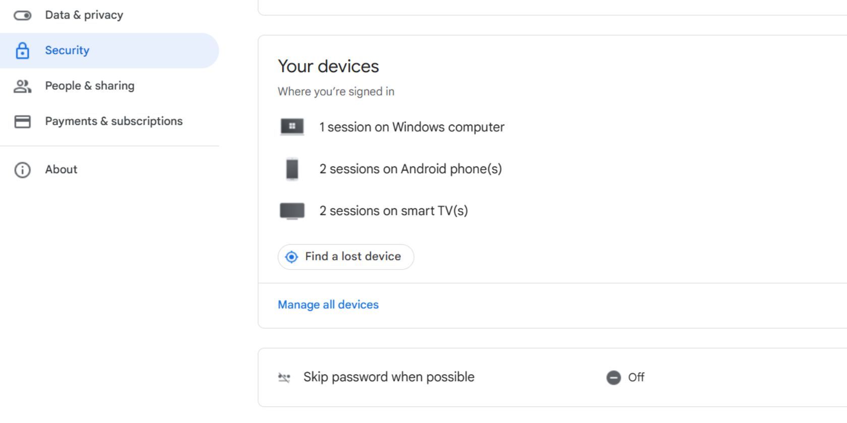 screenshot of gmail security Your Devices section