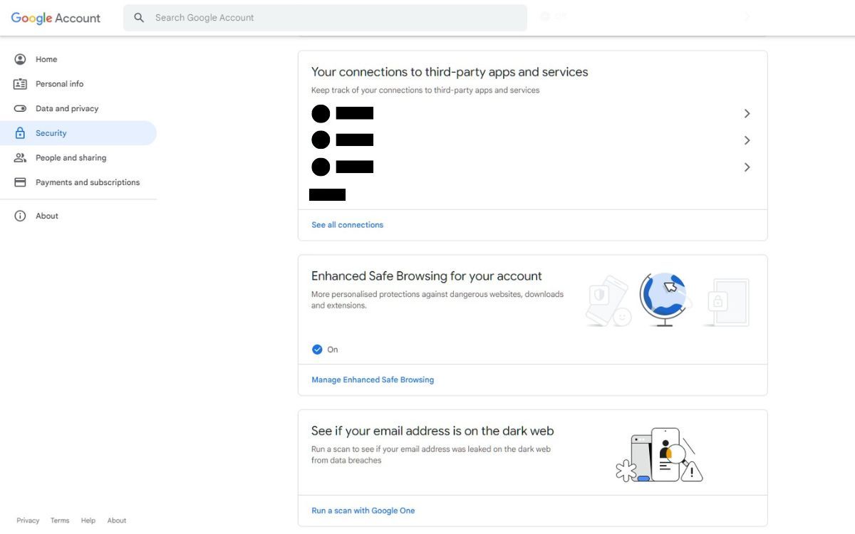 A screenshot of the Google Account Security section 