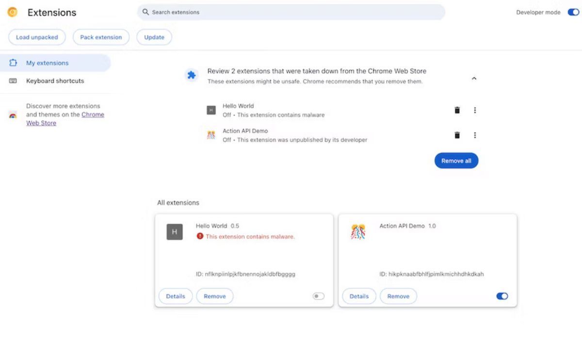 Uma imagem da página de extensões do Google Chrome com duas extensões em revisão