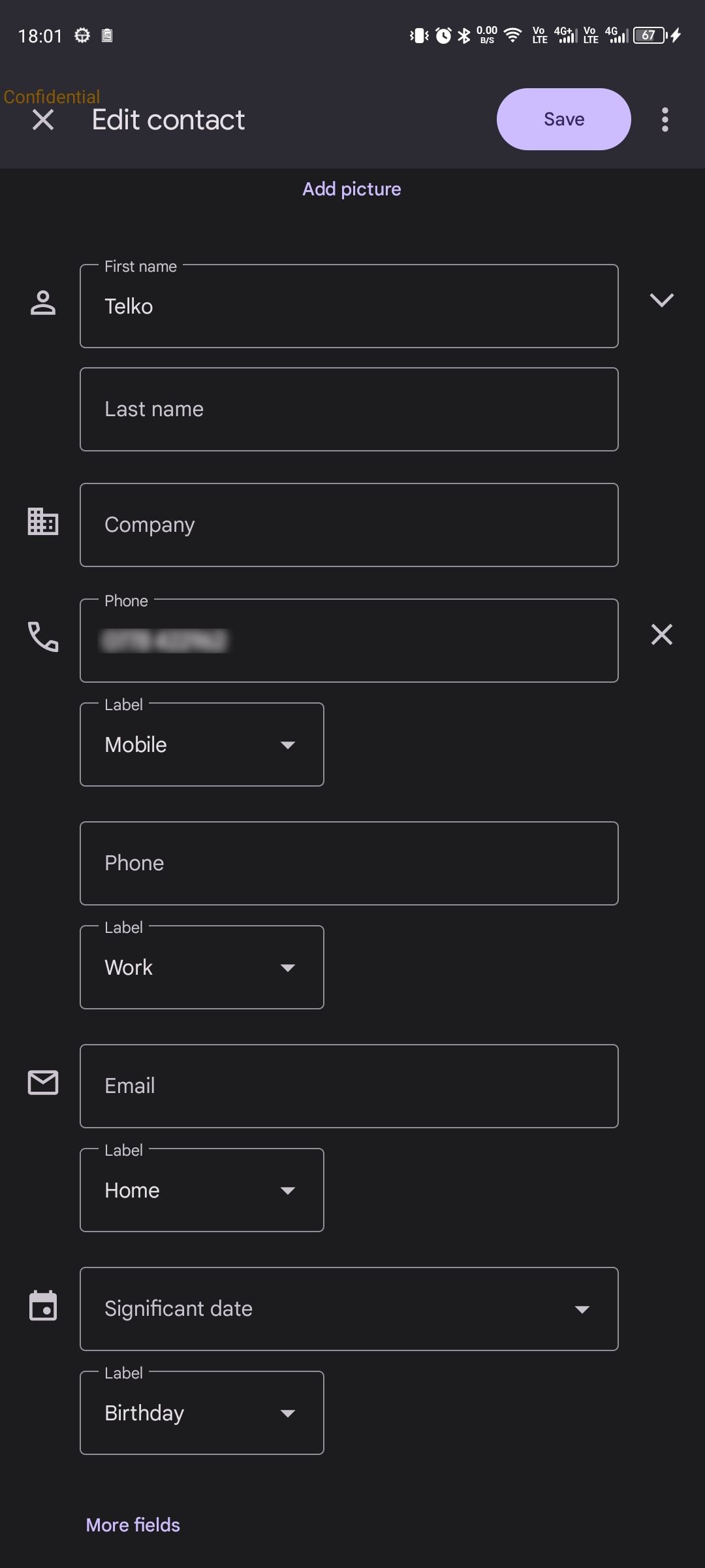 برنامه Google Contacts صفحه تماس را ویرایش می کند که جزئیات مهم تاریخ حذف شده است