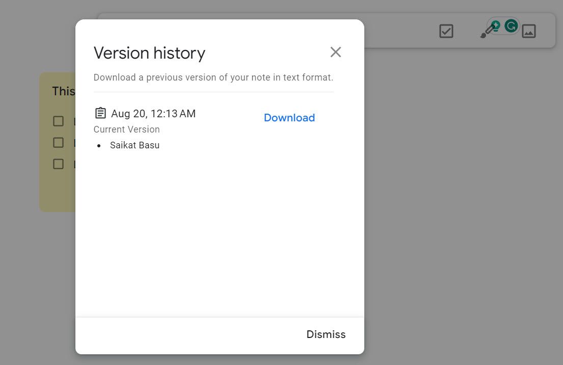 Download do histórico de versões do Google Keep