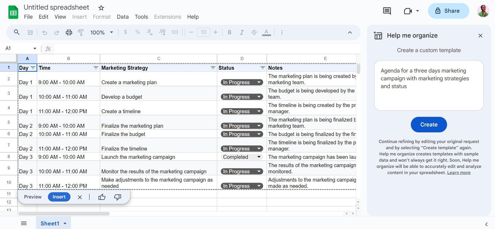 Capture d'écran du tableau généré par Duet AI dans Sheets