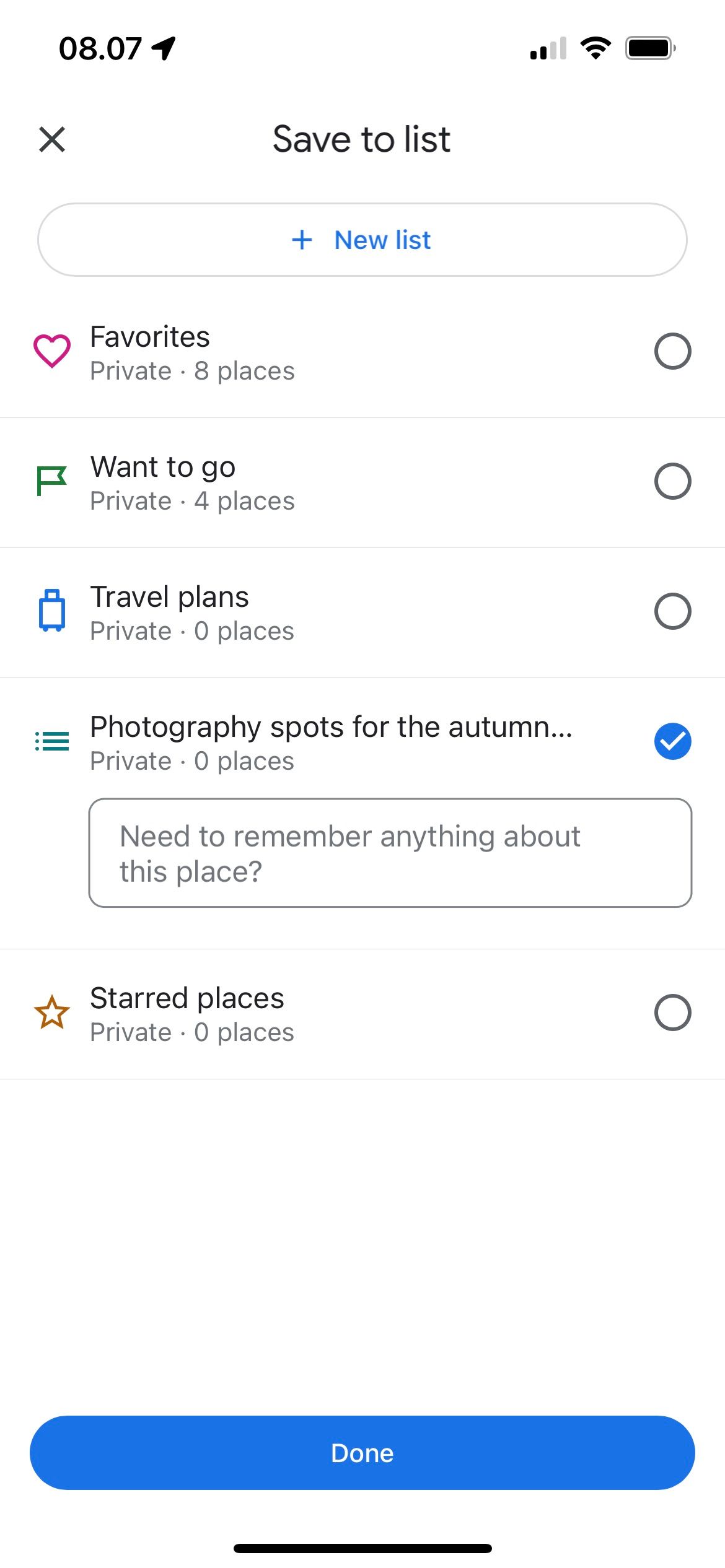 Google Maps Save Location Options Screenshot