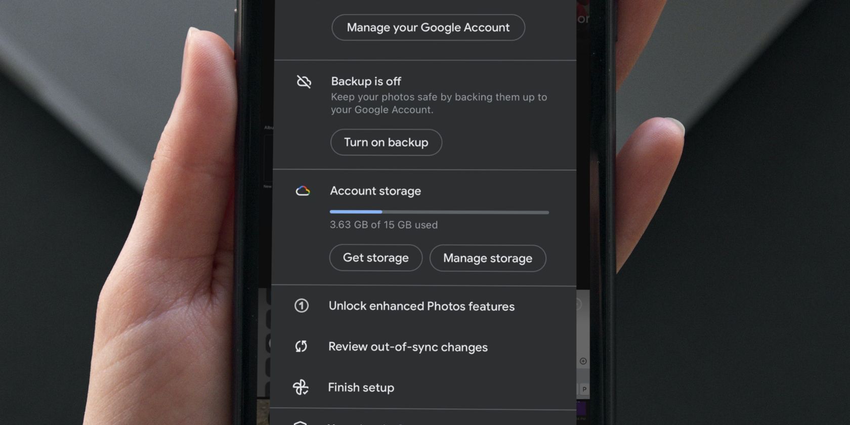 Google Photos on a phone's screen with the backup menu on screen