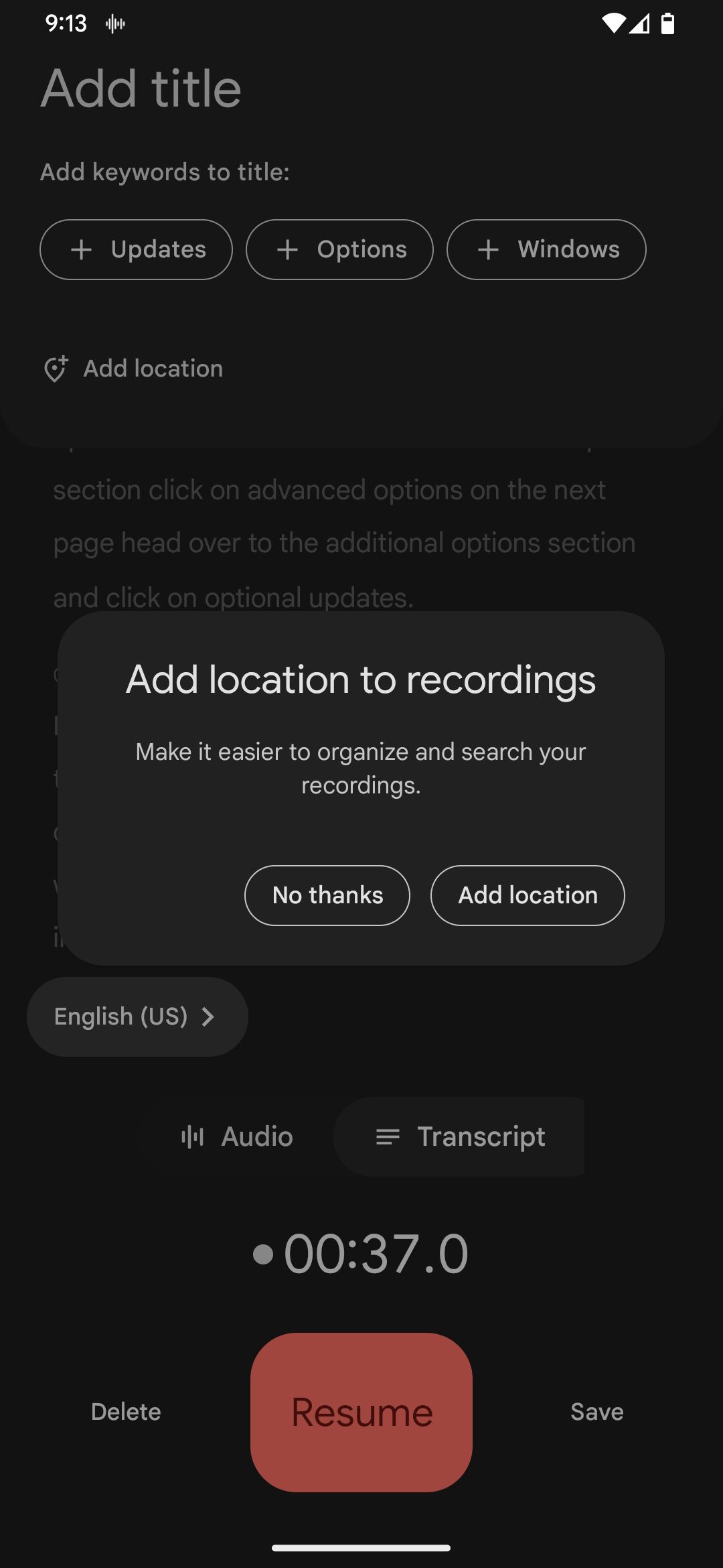 aplicativo gravador do Google adiciona localização ao pop-up de gravações