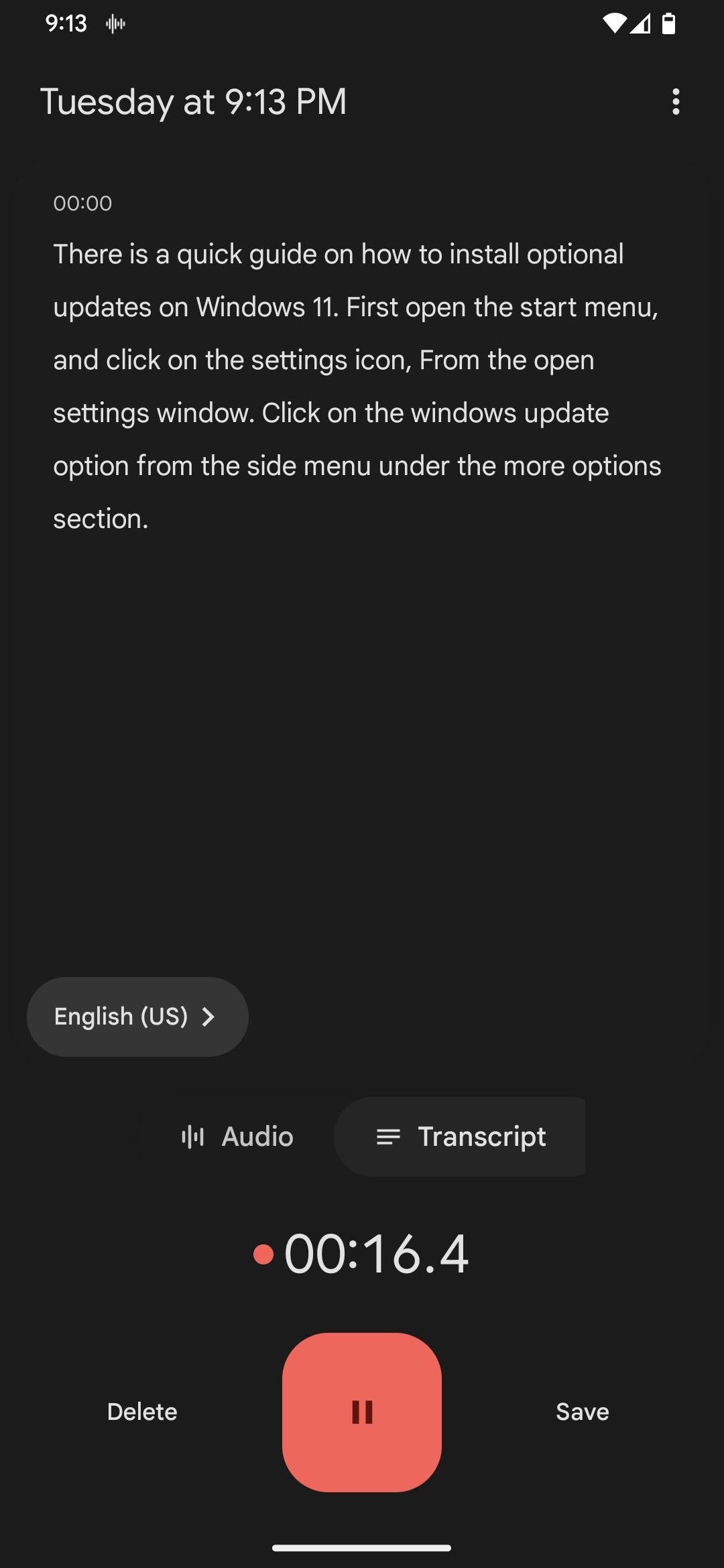 google recorder app transcription page