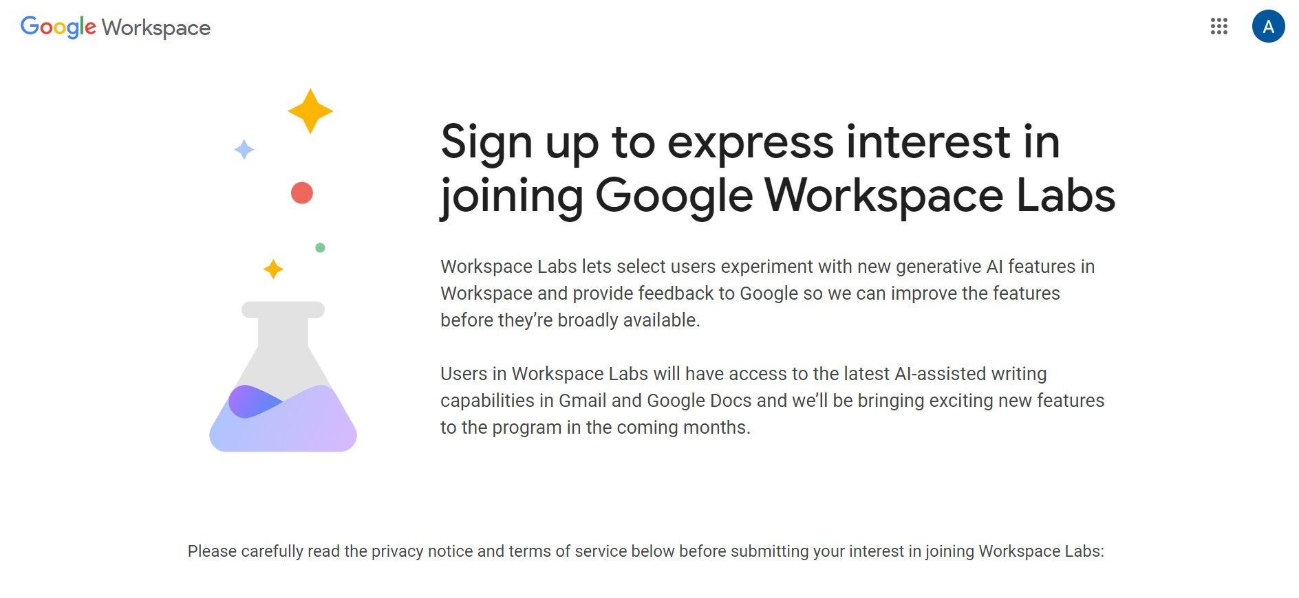 Capture d'écran de la page Google Workspace Labs