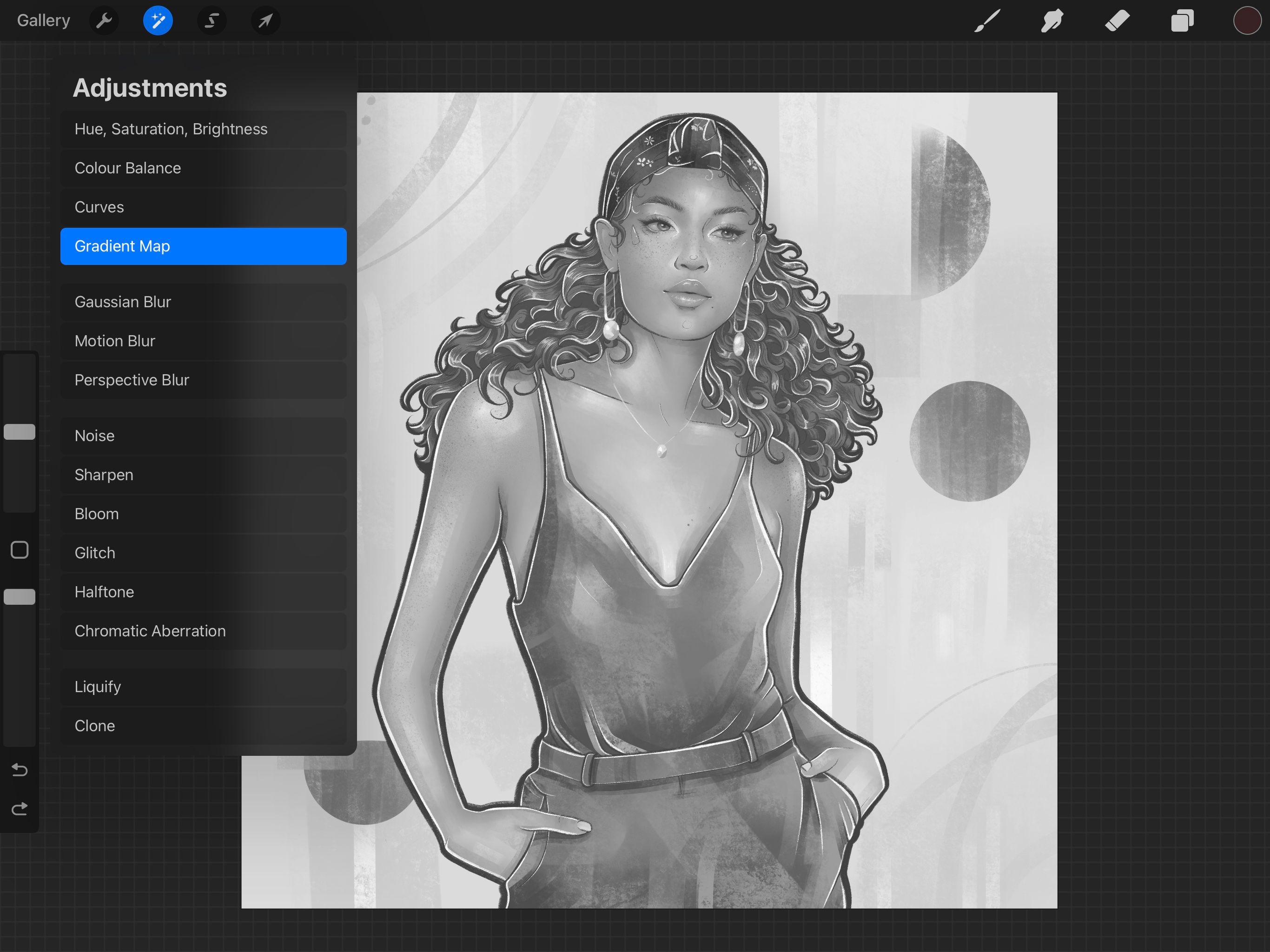 Screenshot from the Procreate app, highlighting the Gradient Map adjustment tool.
