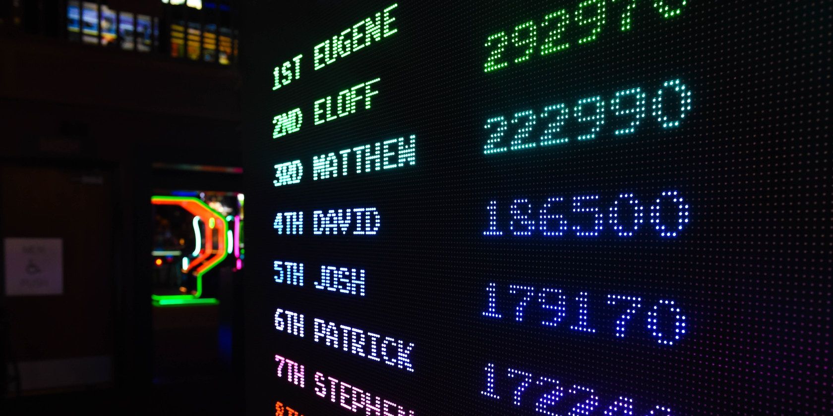 The top of a high score table showing brightly colored, pixelated scores for seven players.
