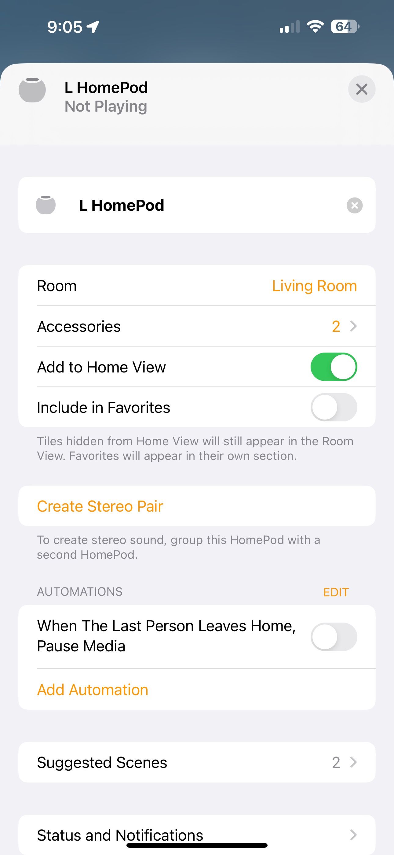 صفحه تنظیمات HomePod در iOS 16 Home App