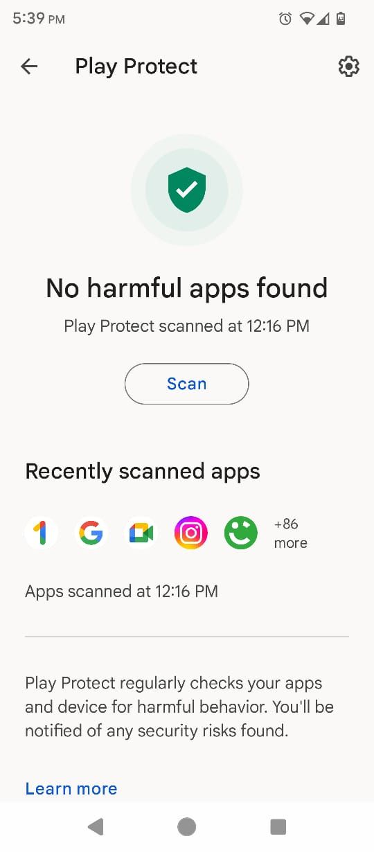 Home screen of Play Protect