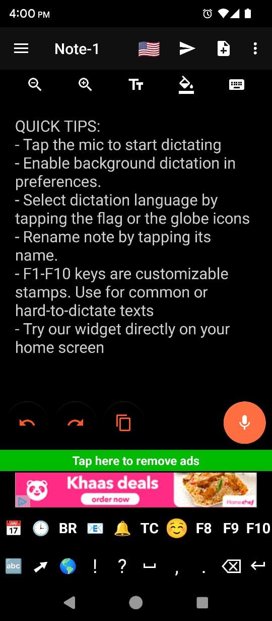 Homescreen for taking notes in Speechnotes