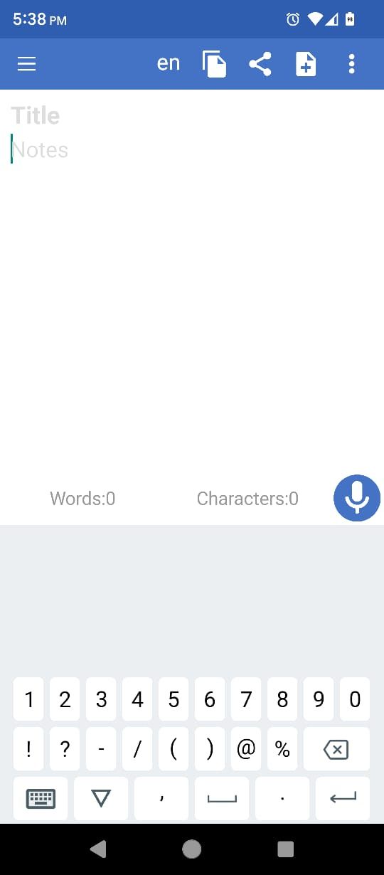 Homescreen for taking notes in Voice to text