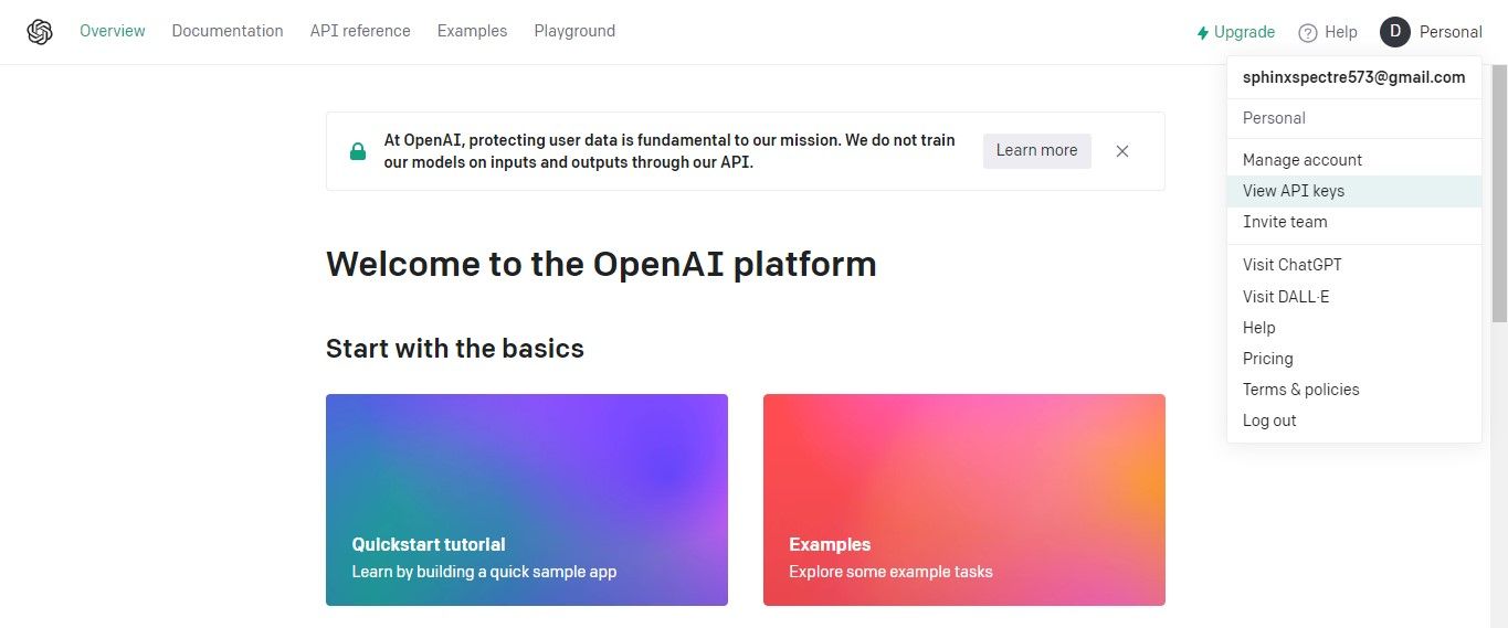 Página inicial da API OpenAI