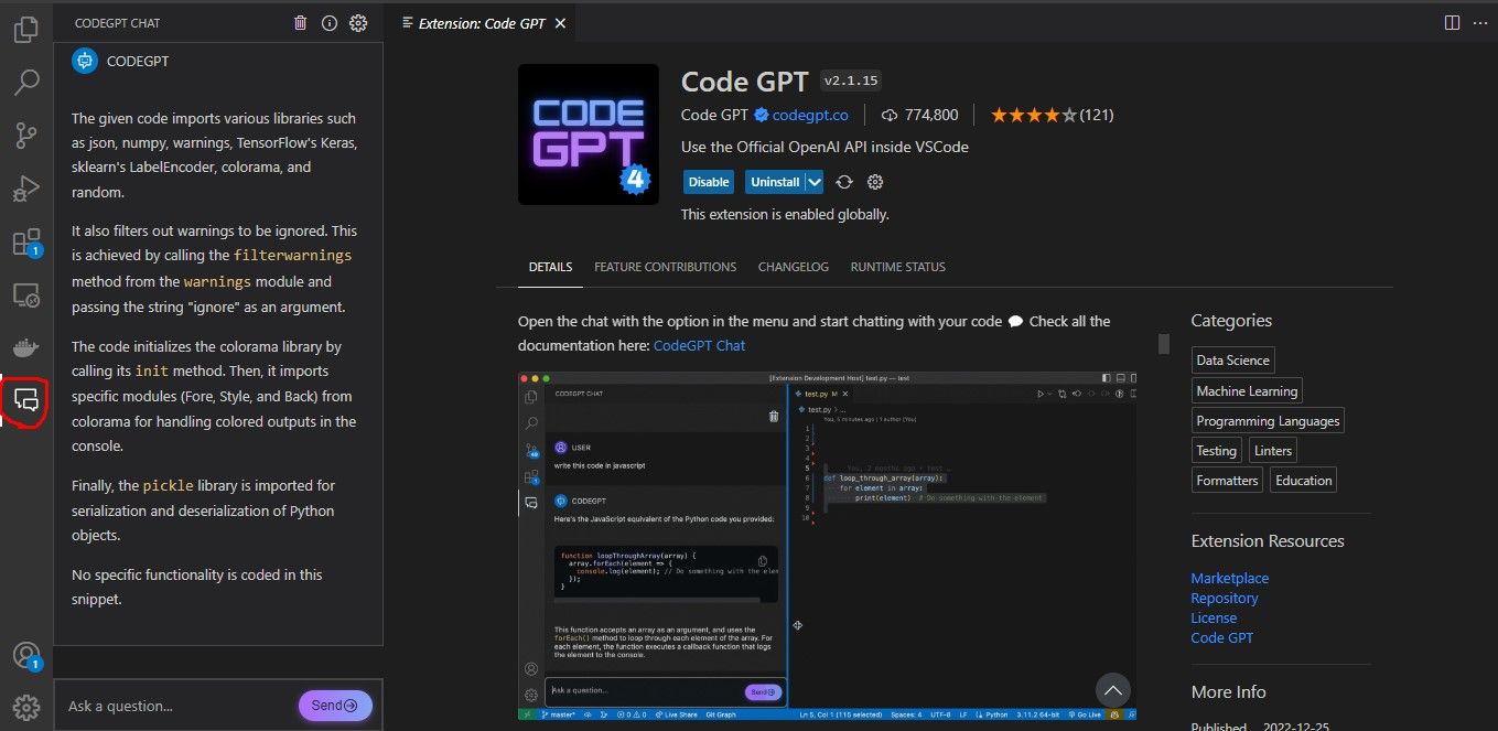 CodeGPT chat window