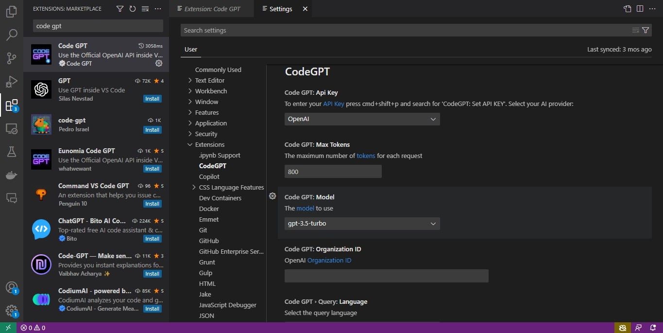 CodeGPT configuration page in VSCode
