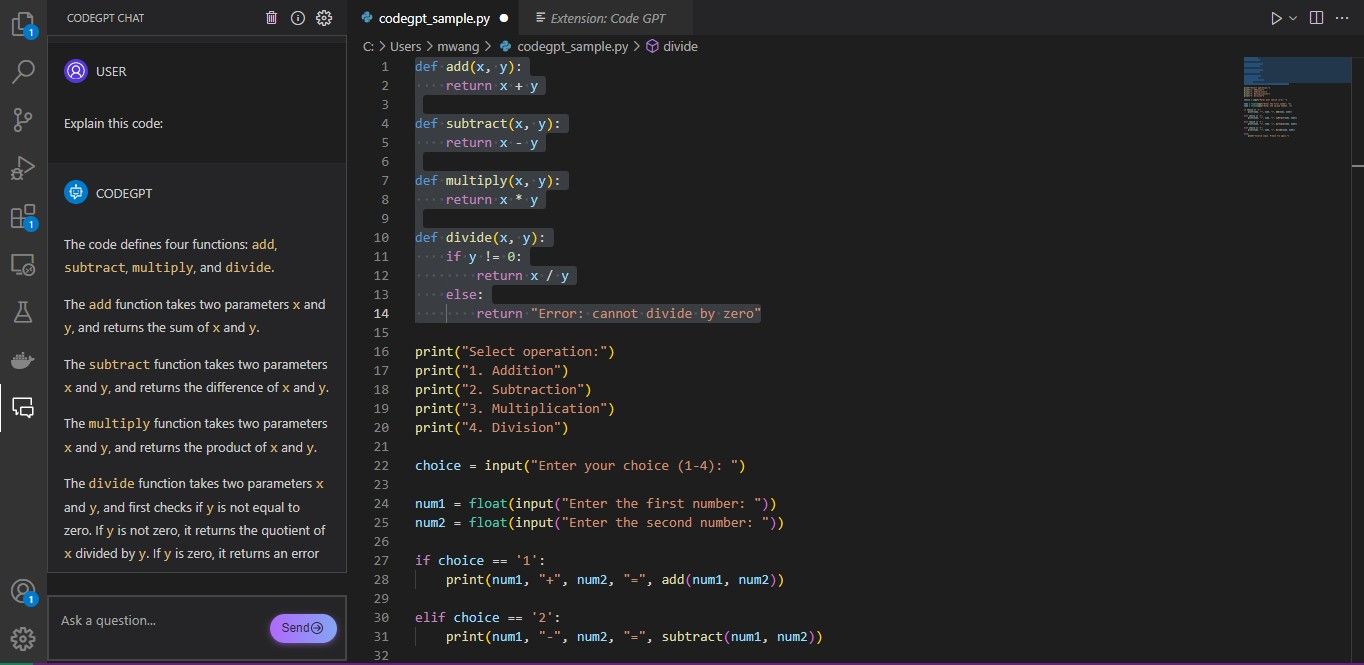 Explicação do código CodeGPT na janela de chat