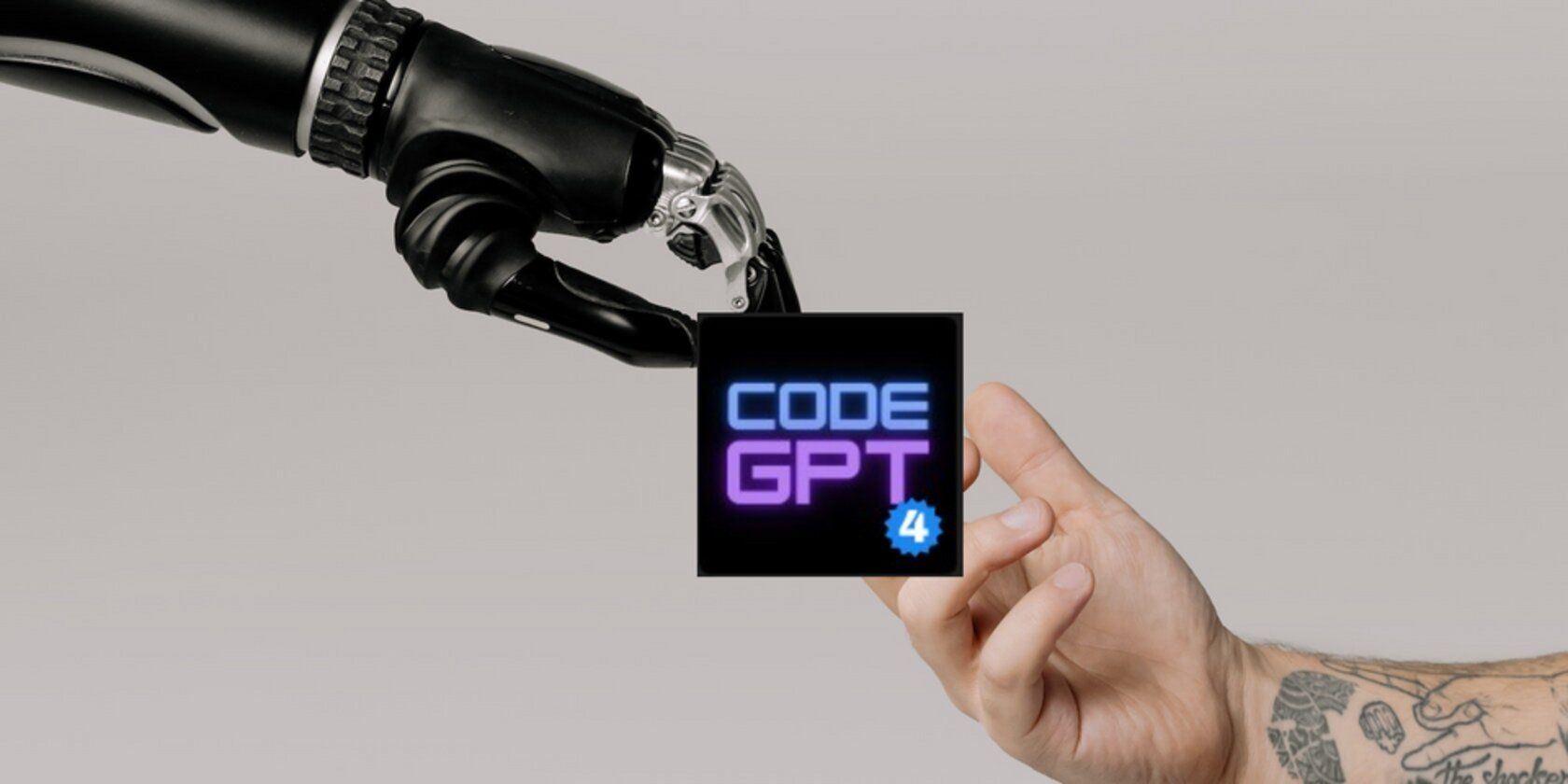 Human hand and robot hand with CodeGPT logo overlayed