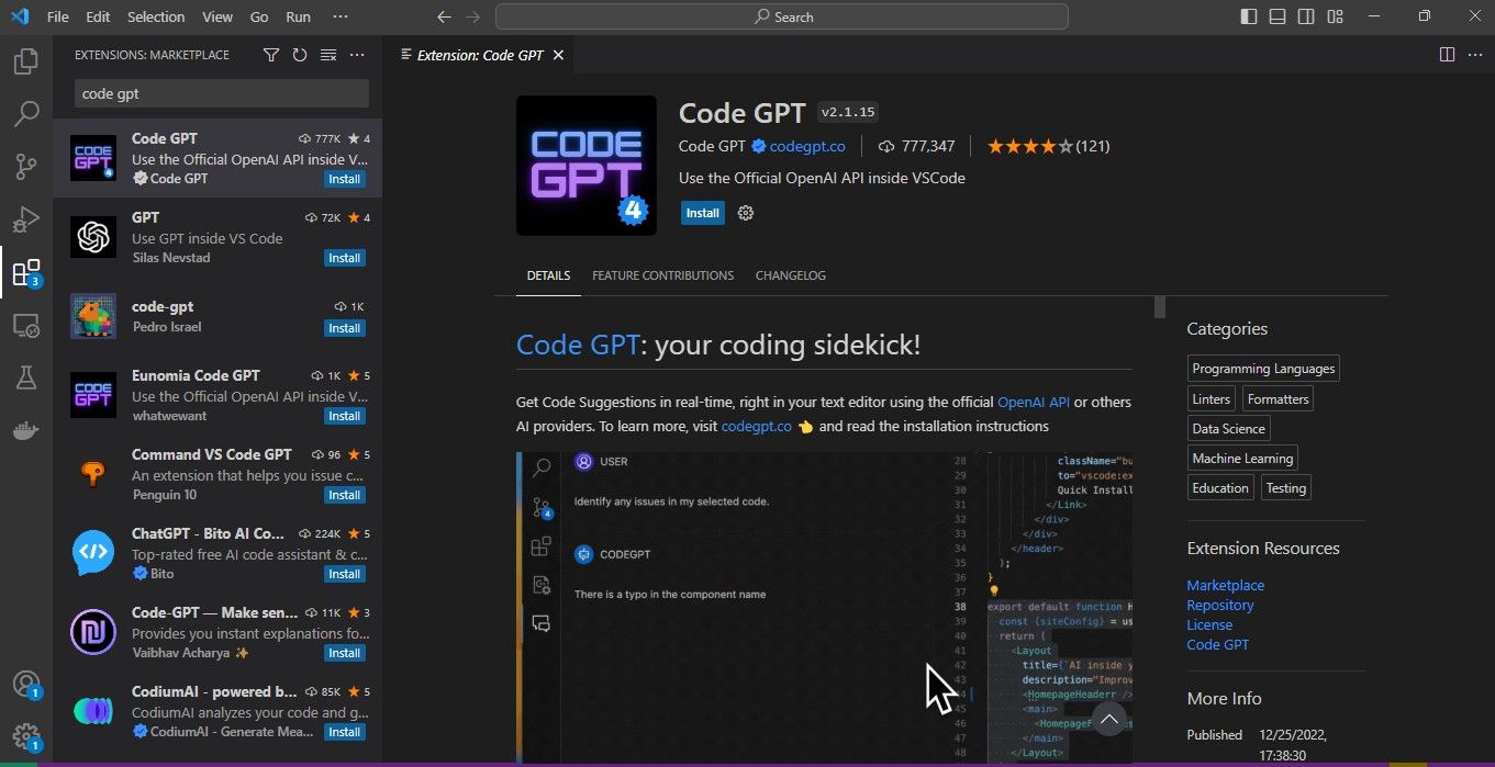 CodeGPT extension in VSCode EXTENSIONS: MARKETPLACE