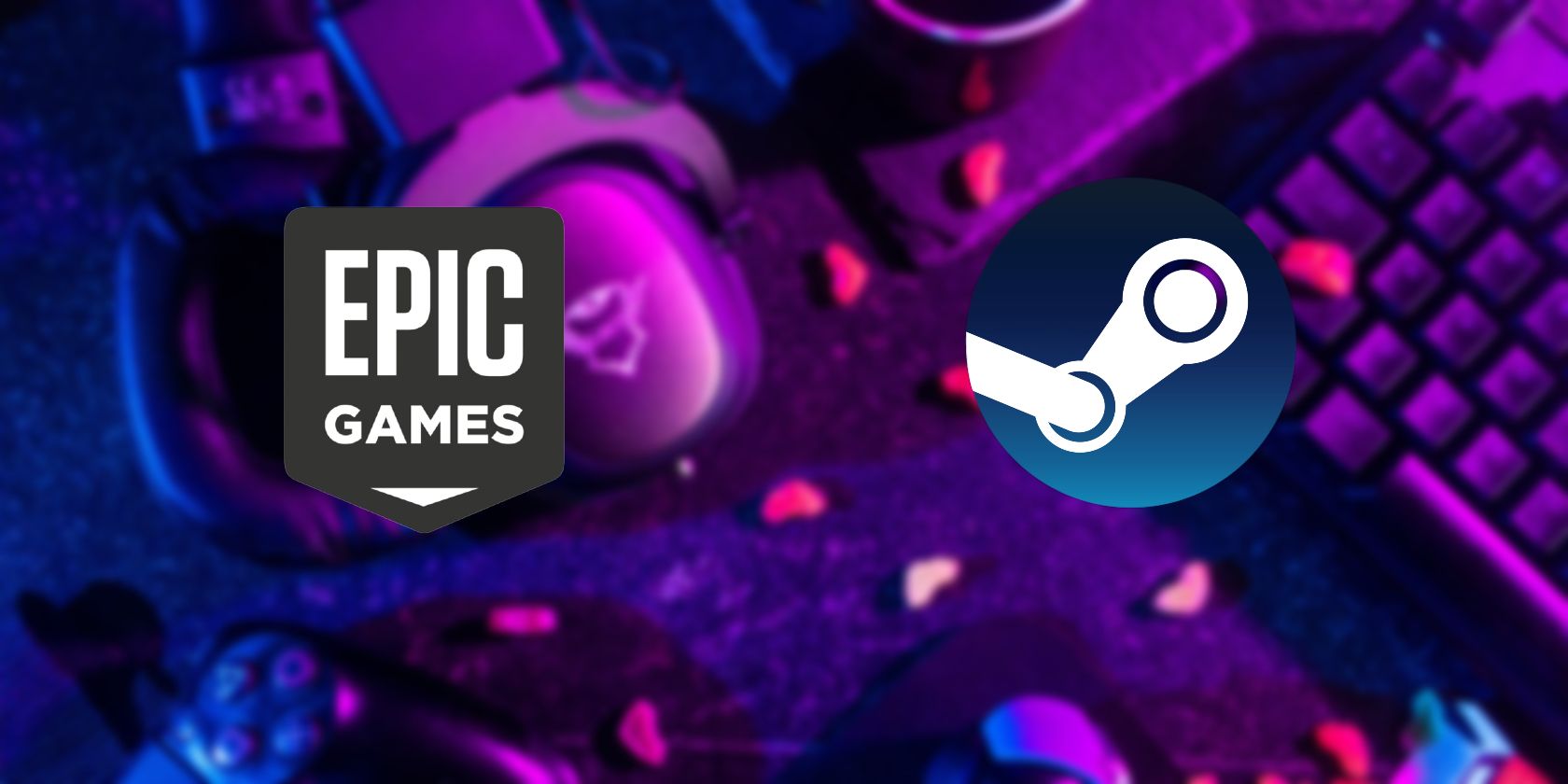 Logotipo da Steam e da Epic Games no Flatlay da Gaming Equipements