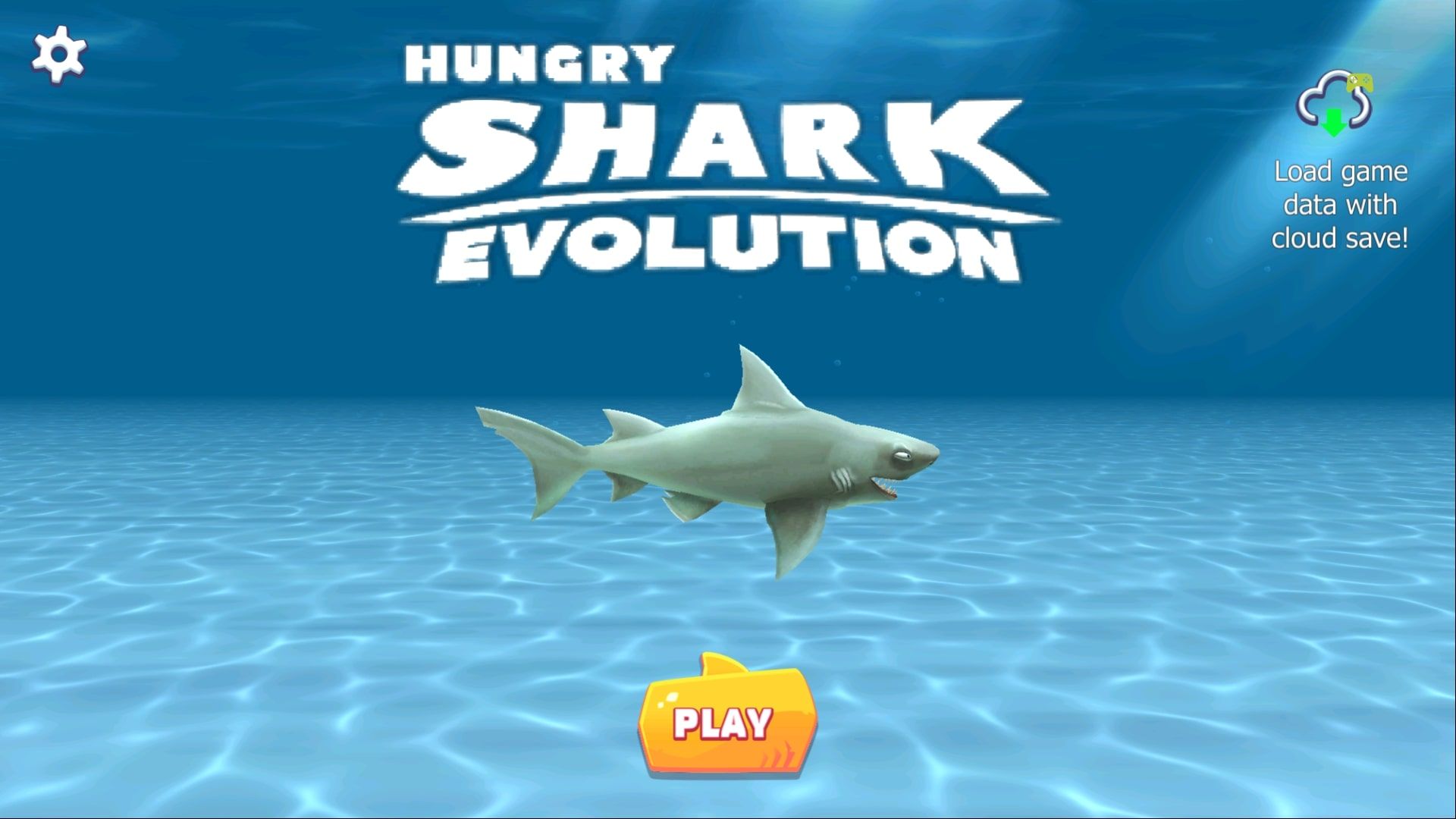 صفحه ورود به سیستم Hungry Shark Evolution با کوسه در وسط صفحه