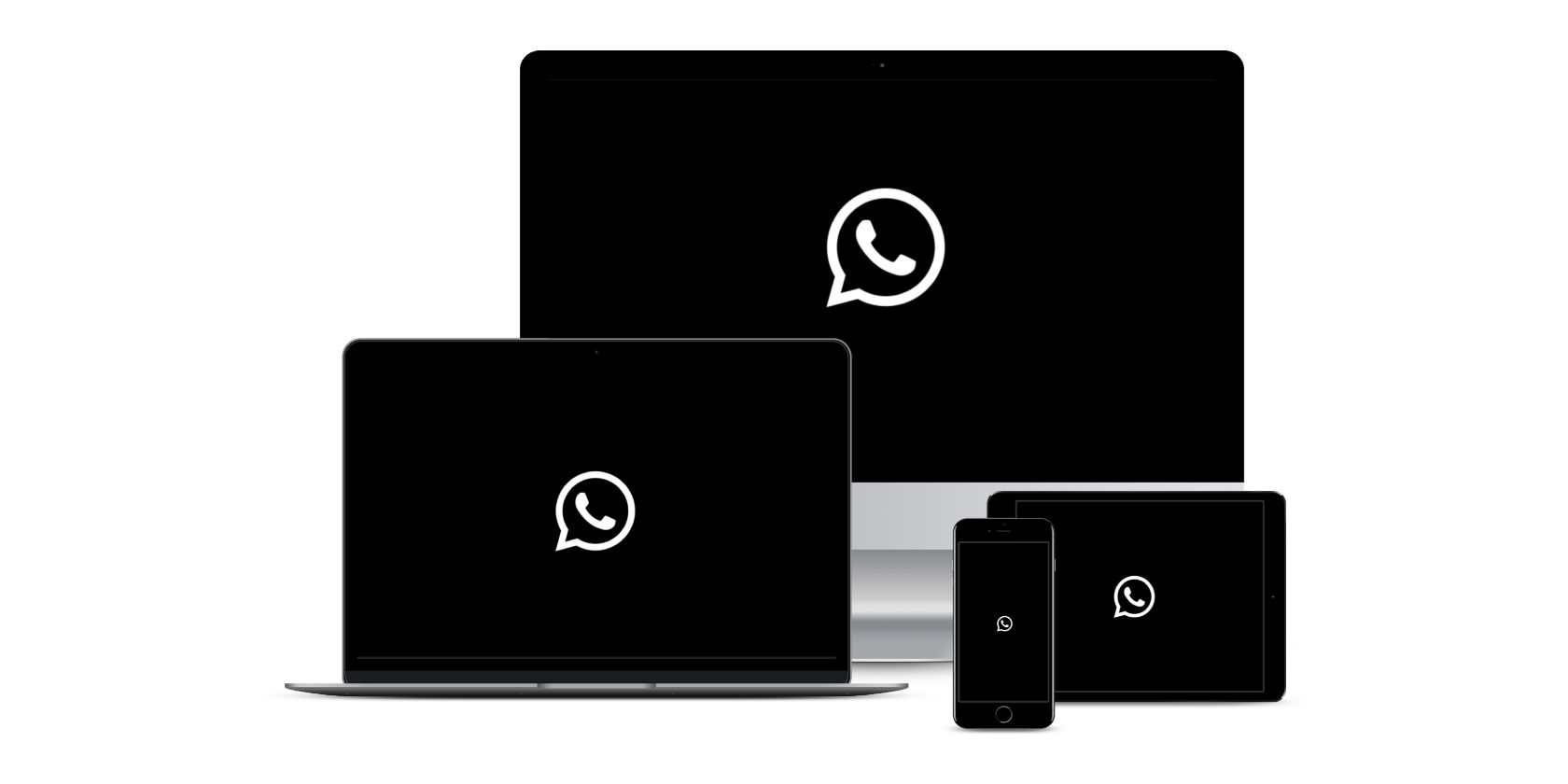 iMac, MacBook, iPad e iPhone com logotipo do WhatsApp na tela