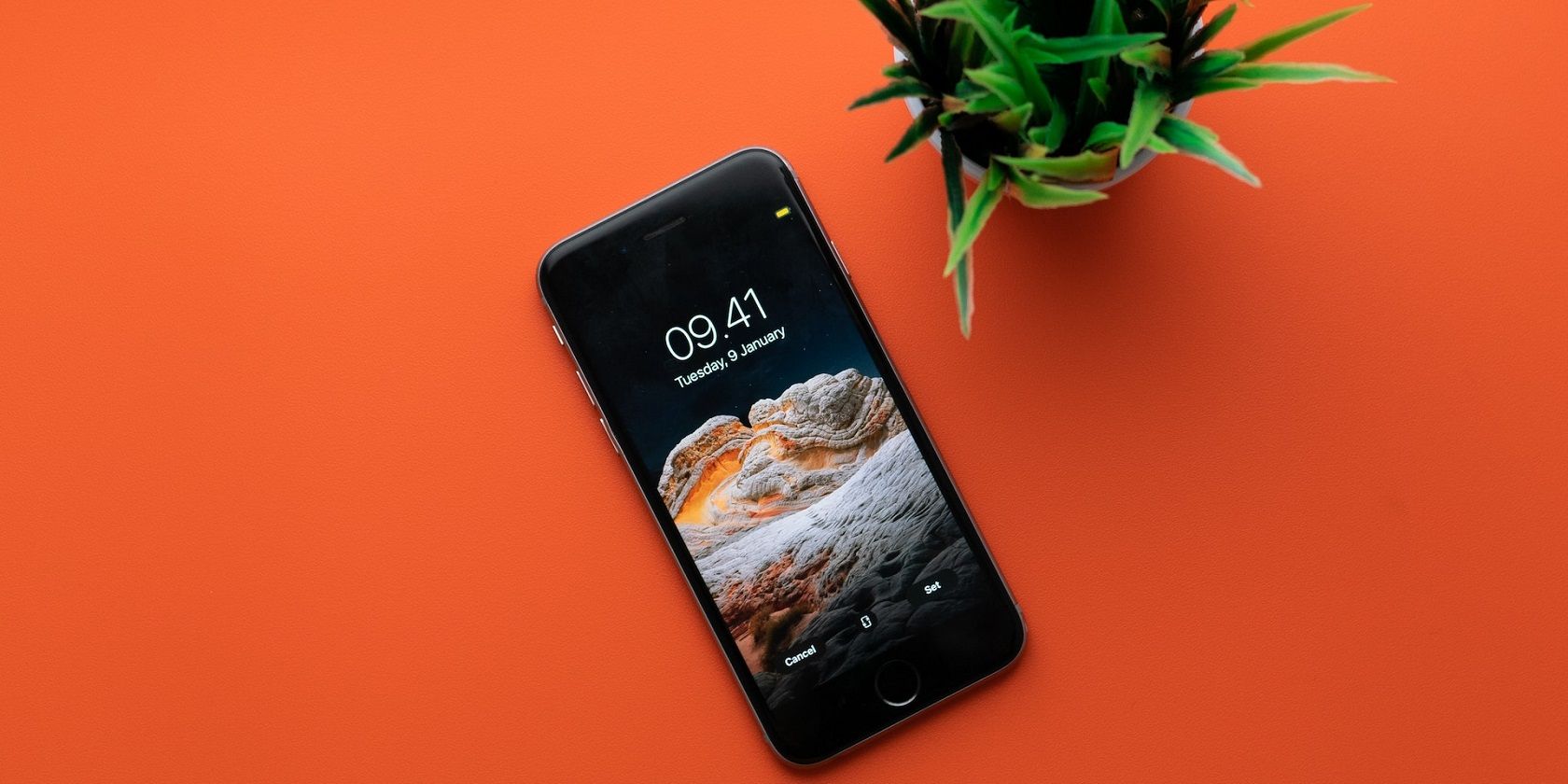 image de téléphone sur fond orange avec mini plante