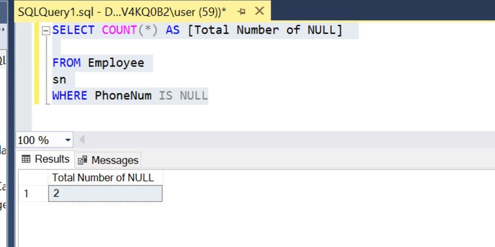 Gambar ini menunjukkan cara menggunakan COUNT untuk menghitung Nilai SQL NULL dalam Kolom
