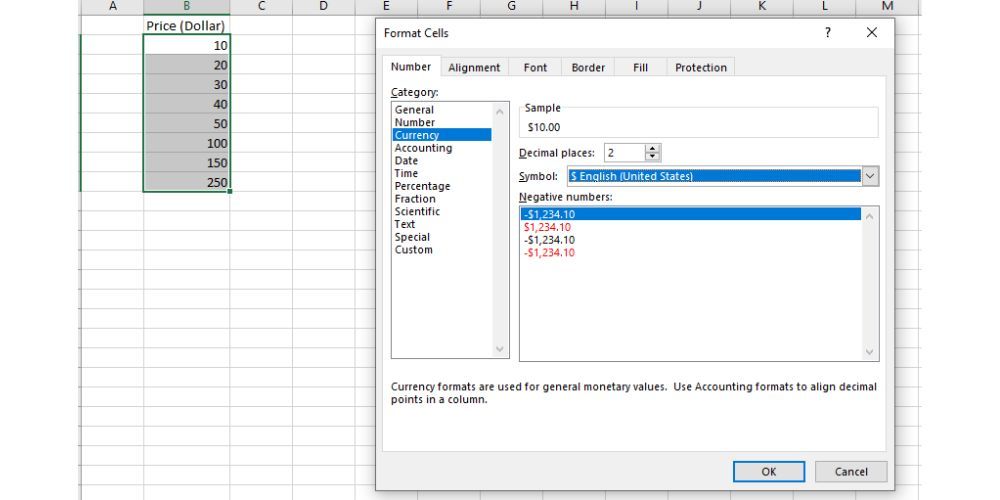 Ceci montre la boîte de dialogue Format des cellules dans Microsoft Excel.