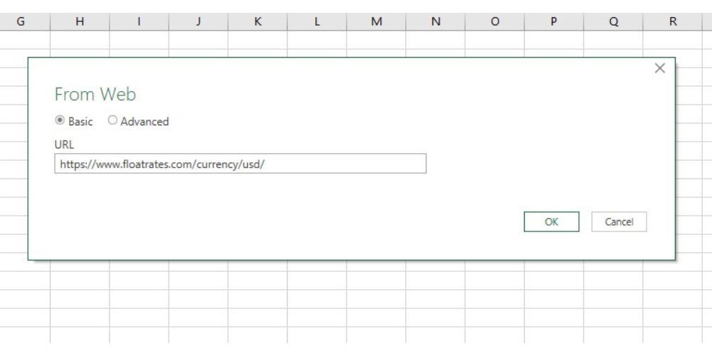 Ceci montre la boîte de dialogue from web dans Excel