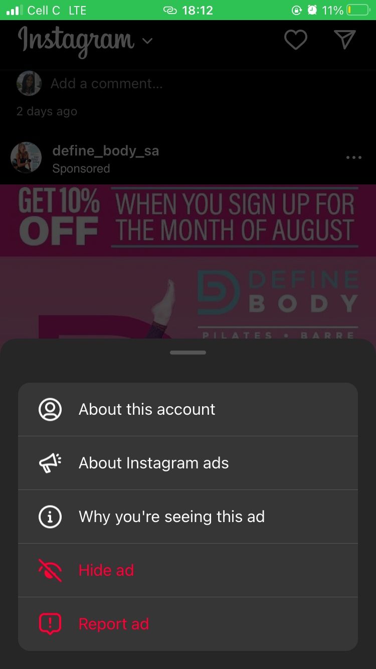 Instagram ad menu options on IOS app