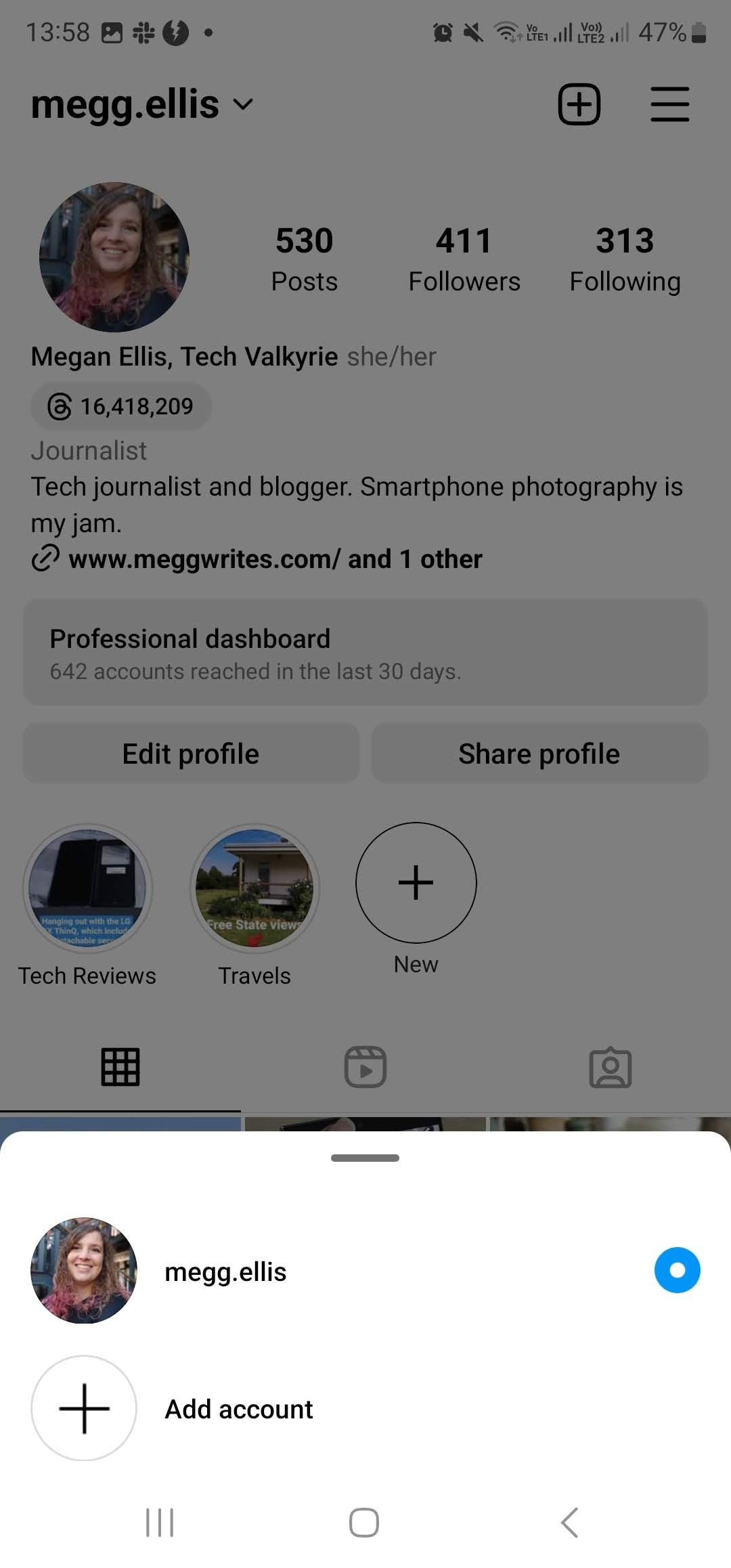 opção de adicionar conta do instagram