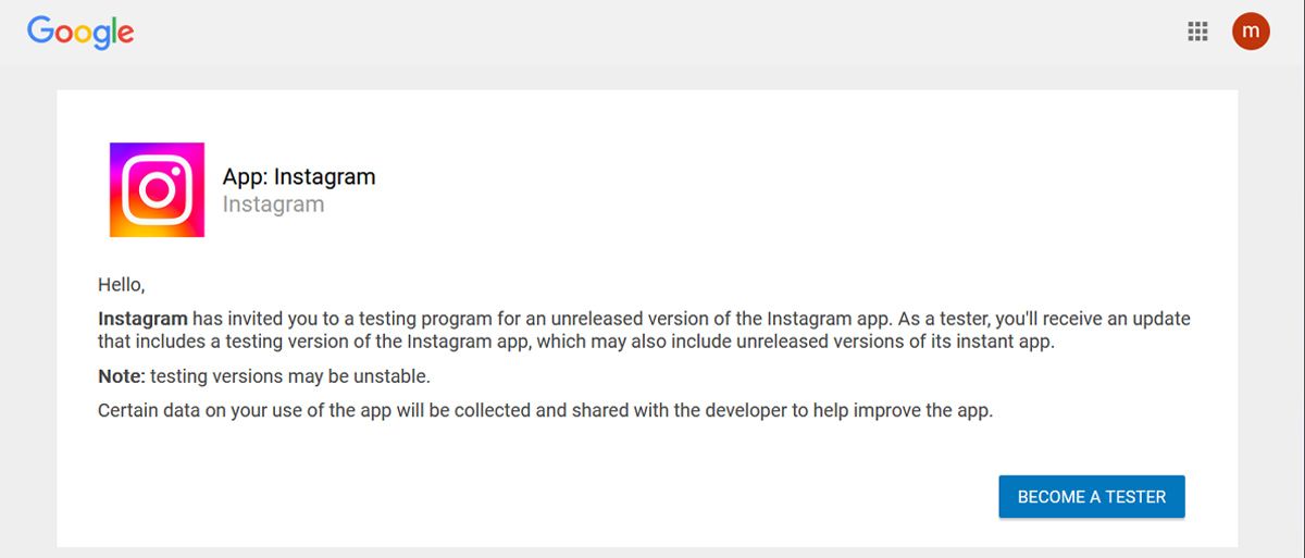 page to apply to become a tester for Instagram Beta