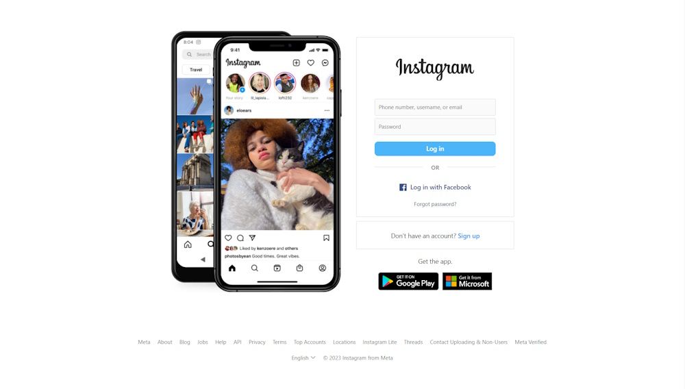 Instagram homepage showing sign up and login options