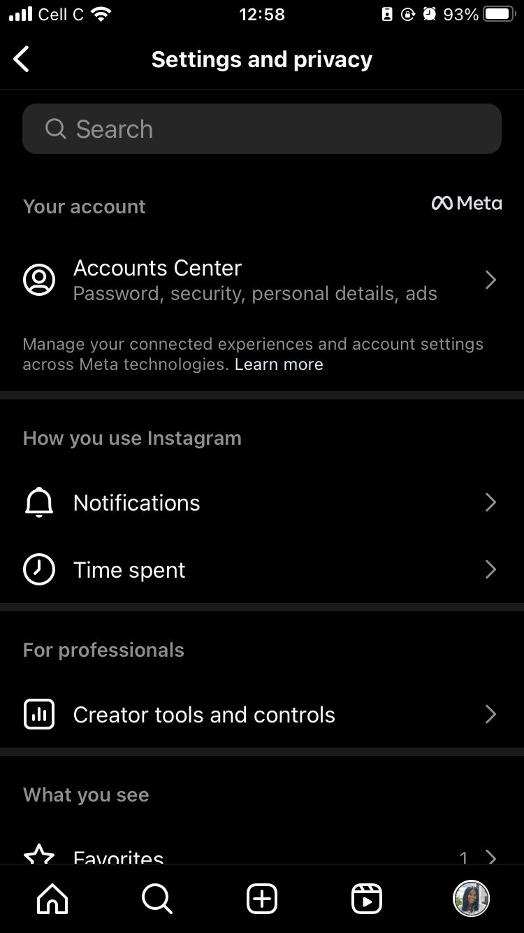 Instagram settings and privacy page on iOS