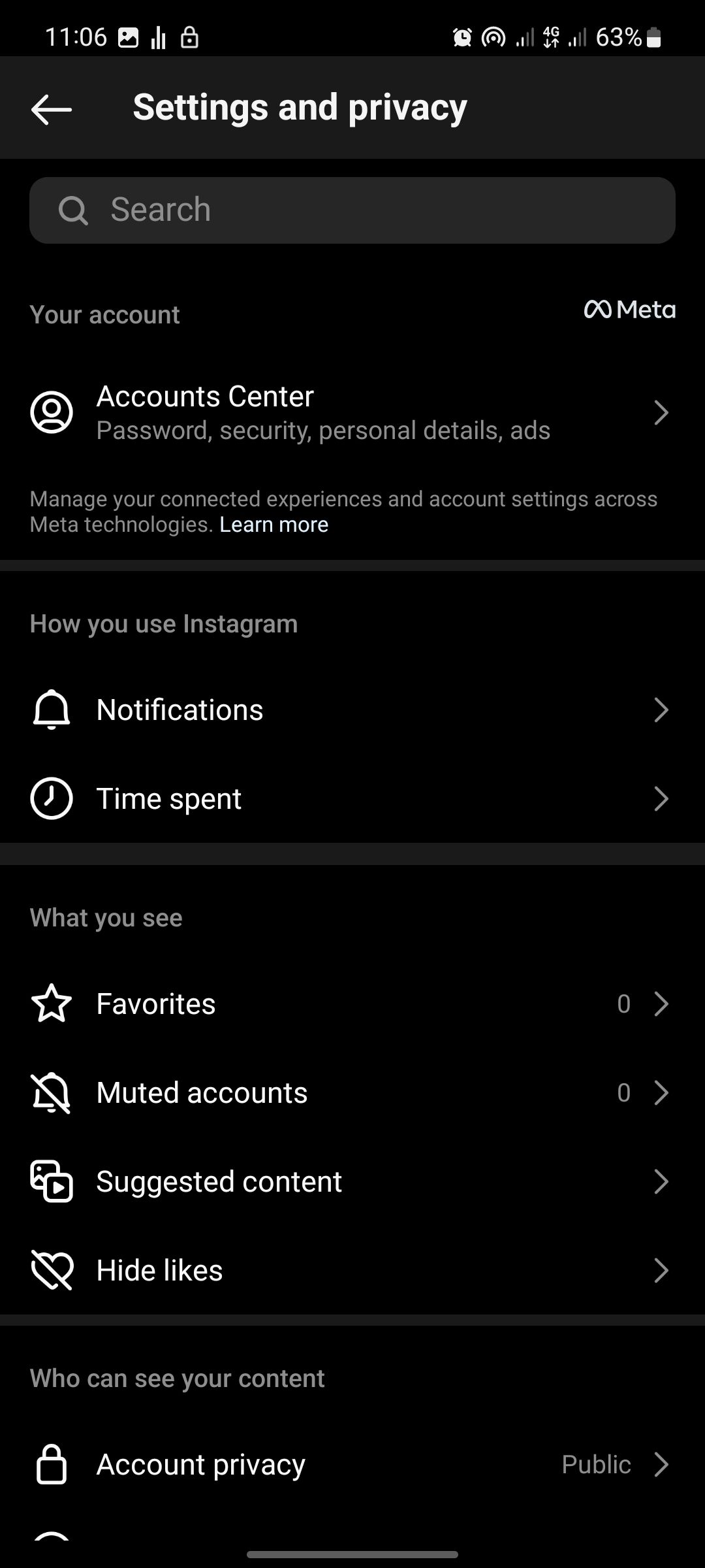 Instagram settings page new