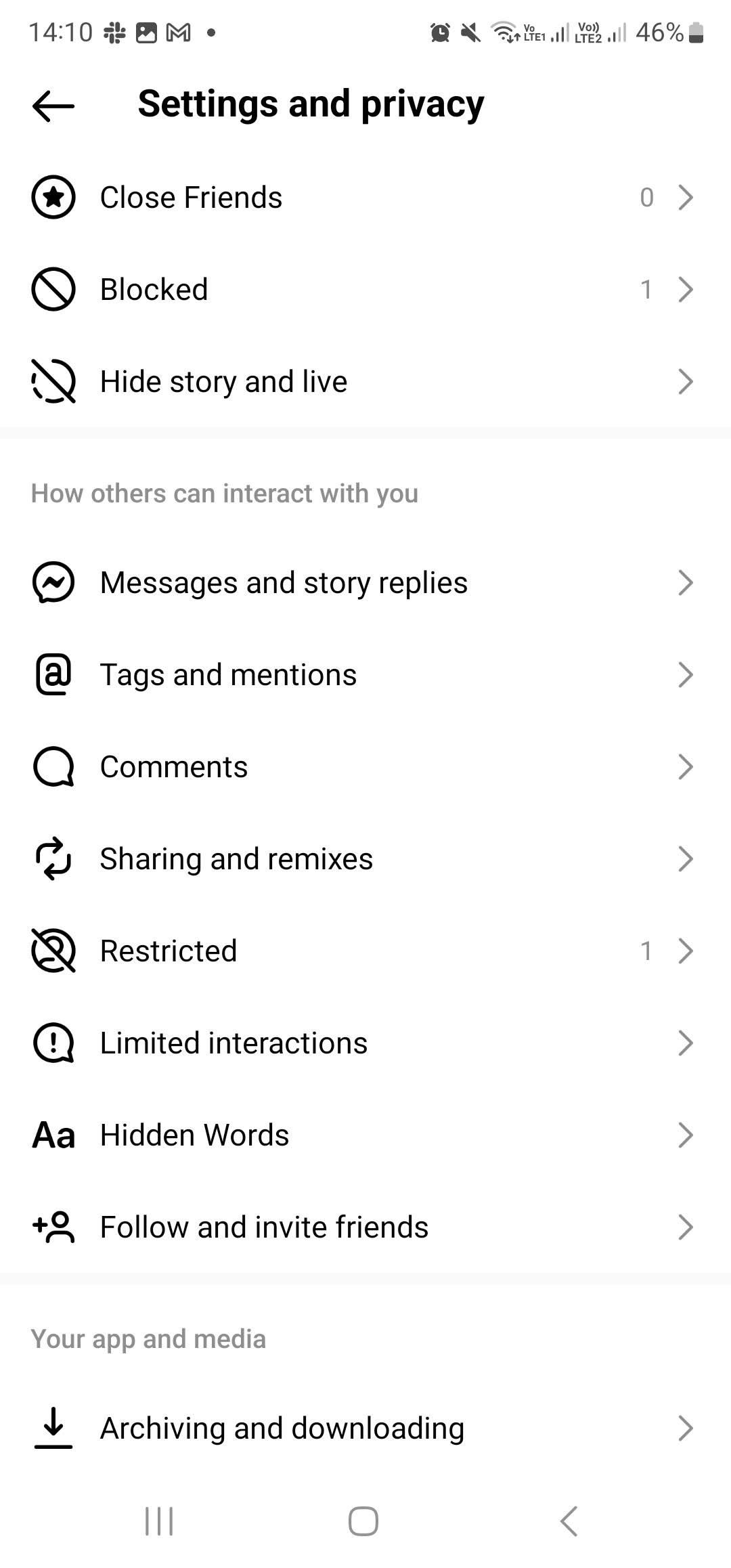 configurações do instagram e privacidade com opção de palavras ocultas