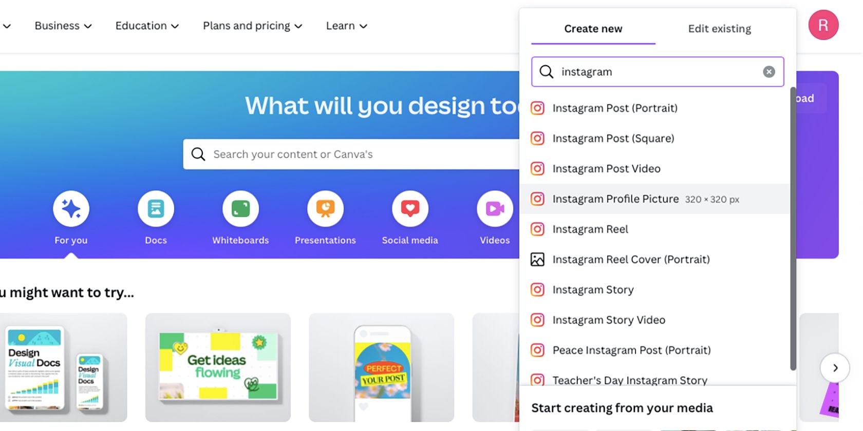 Canva یک منوی طراحی جدید ایجاد می کند