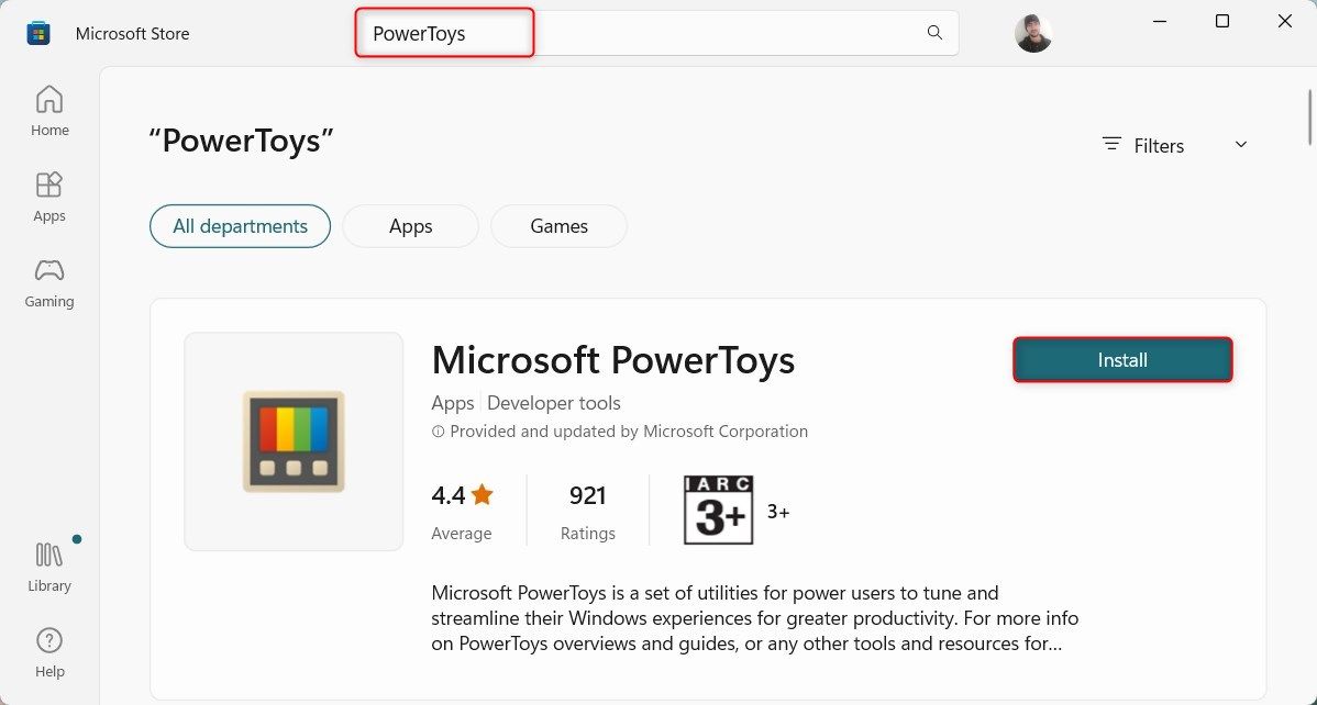 Установка PowerToys через Microsoft Store