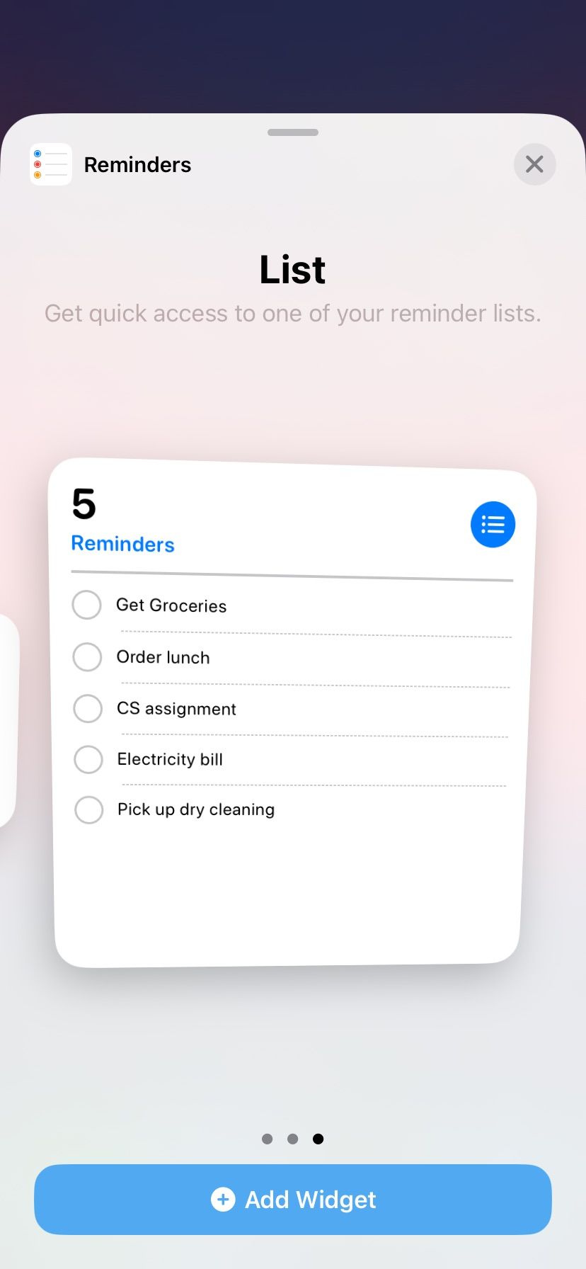 منوی انتخاب اندازه ویجت Reminders iOS 17