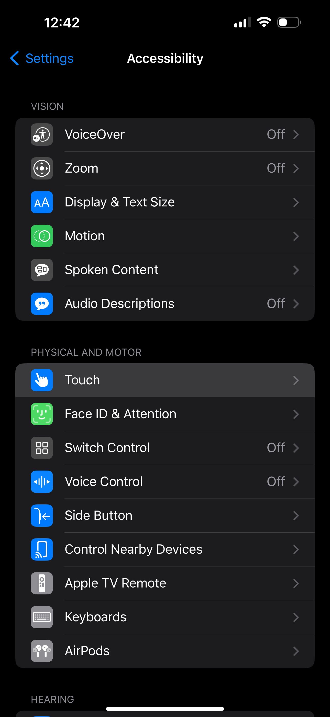 iOS Accessibility settings with Touch highlighted