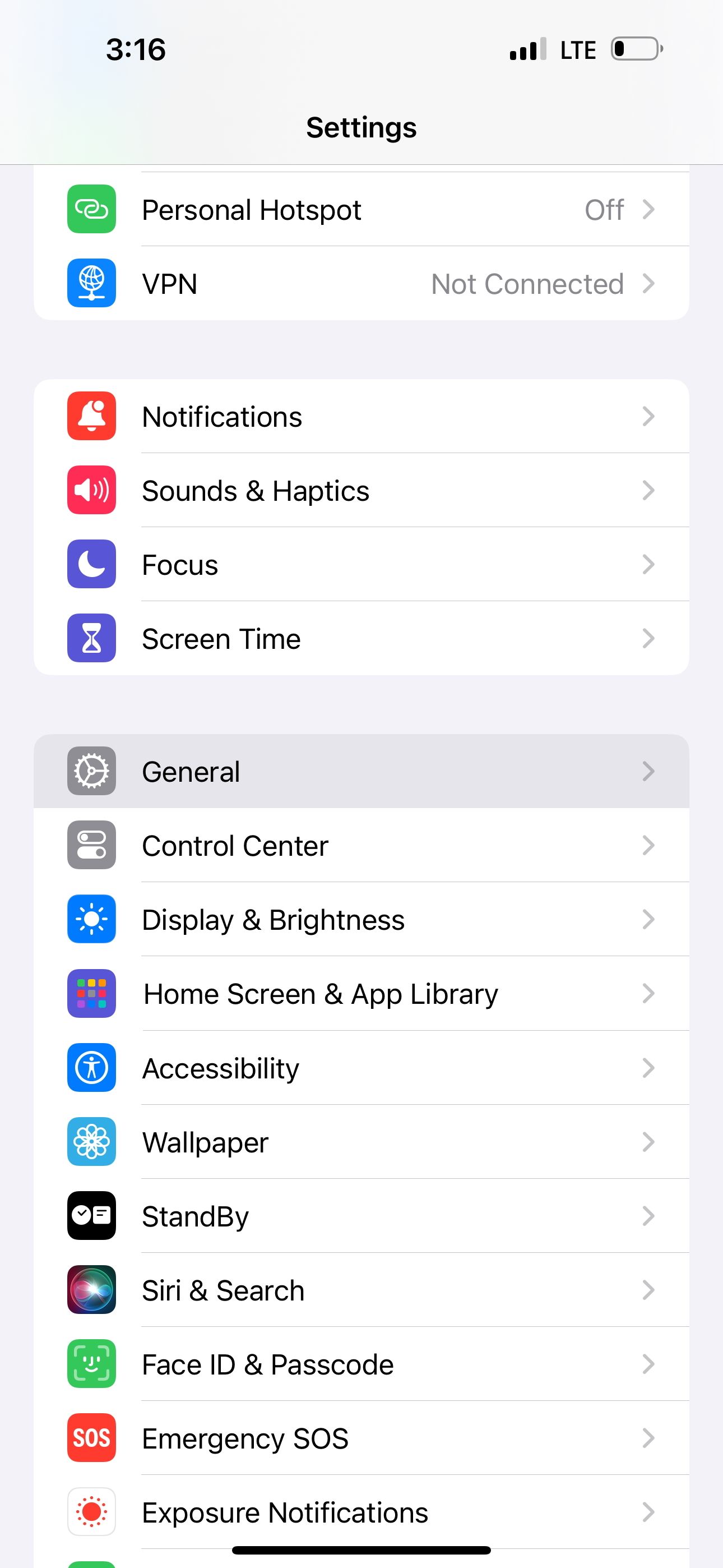 iOS settings menu highlighting General