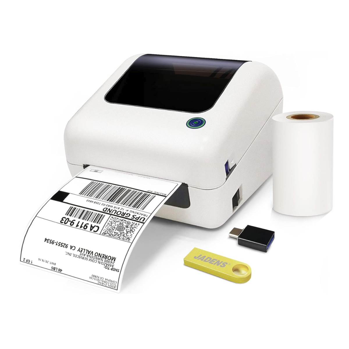 A Jadens Thermal Shipping Label Printer with included U-disk and labels