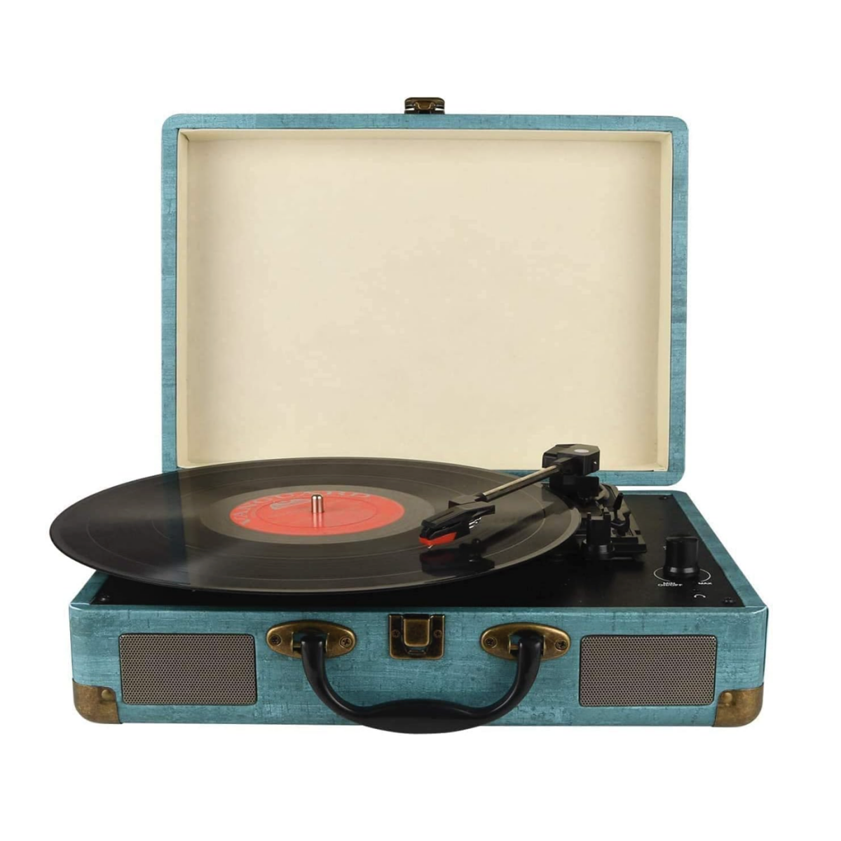 A blue Kedok Suitcase Record Player